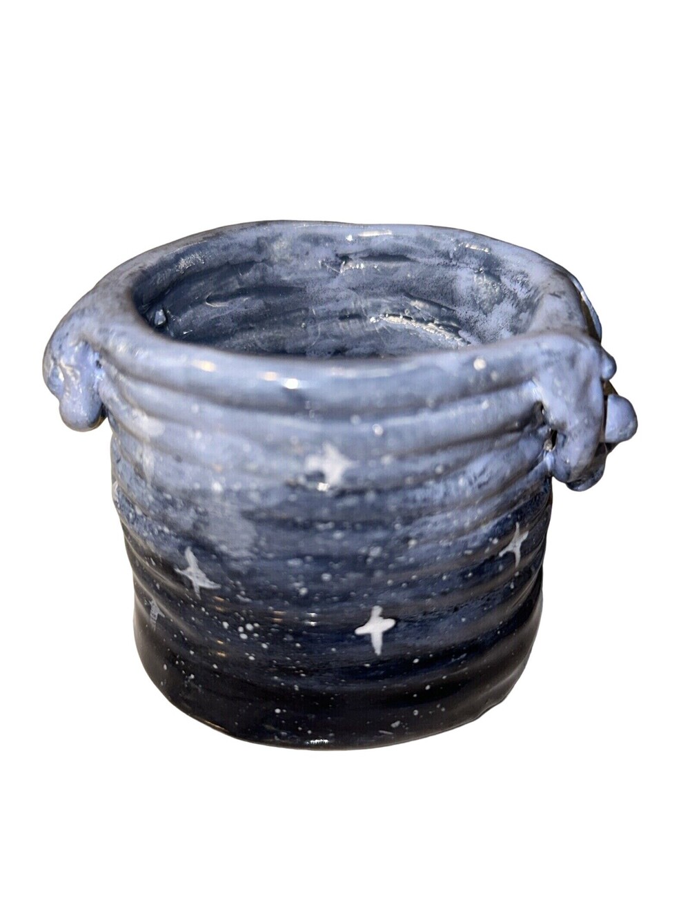 Handmade Star Blue Pottery Basket 3x4" Holder Pen Cup Planter Container Vase